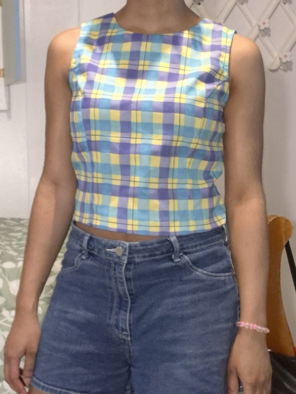 Vintage 90s A. Byer Yellow,and Blue Plaid Sleeveless Crop Top